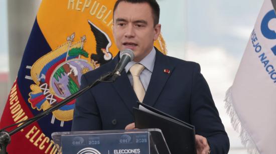 El presidente Daniel Noboa durante la entrega de credenciales como ganador de la segunda vuelta, el 15 de mayo de 2025.