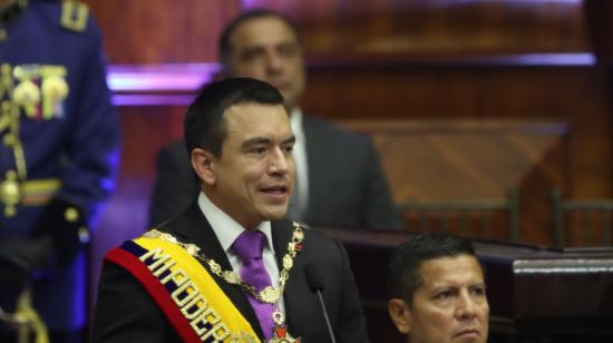 El presidente Daniel Noboa dando su discurso de posesión en la Asamblea Nacional, el 24 de mayo del 2025.