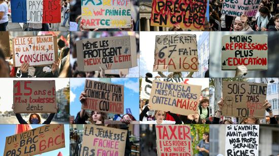 Combinación de fotografías de los carteles con los reclamos de los manifestantes en París, Francia, del 14 de octubre de 2026.