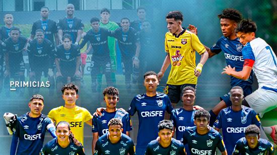 Composición fotográfica con futbolistas de Universidad Católica, Independiente del Valle, Liga de Quito y Barcelona SC.