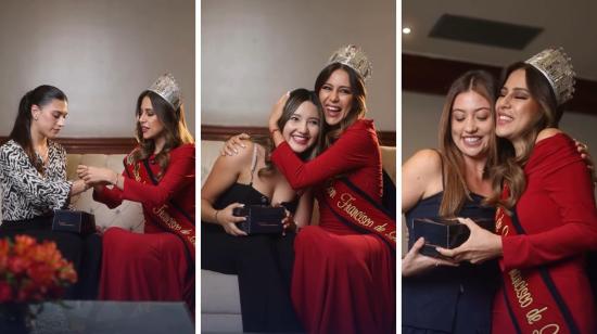María Emilia Sánchez, reina de San Francisco de Quito, junto a las nuevas candidatas, 22 de octubre de 2026.
