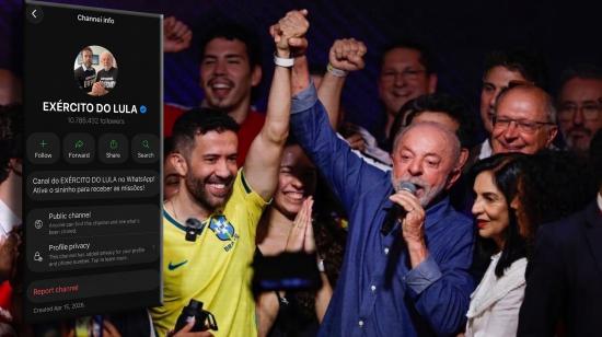 Una imagen del grupo de WhatsApp denominado el 'ejército de Lula, sobre una foto de su creador André Janones y el presidente reelecto de Brasil, Lula da Silva, festejando su victoria, el 25 de octubre de 2026.