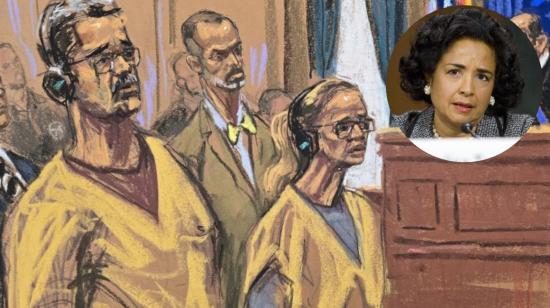 Composición fotográfica con una ilustración de una audiencia de Nicolás Maduro y su esposa Cilia Flores, el 15 de octubre de 2026, y un retrato de la jueza Analisa Torres, de 2013.
