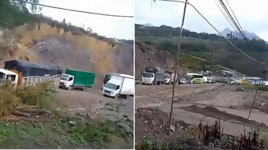 Camiones atrapados en la vía Cuenca-Girón-Pasaje en medio de gran cantidad de lodo, el 29 de octubre de 2026.