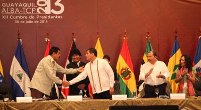 Foto Archivo. Rafael Correa durante la inauguración la XII Cumbre de Presidentes de la ALBA - TCP, en 2013 con los presidentes de Venezuela, Nicolás Maduro; Evo Morales, de Bolivia, y Daniel Ortega de Nicaragua.