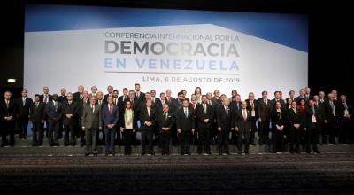 Los representantes de 59 países se reunieron este martes 6 de agosto de 2019 en la Conferencia internacional por la Democracia en Venezuela.
