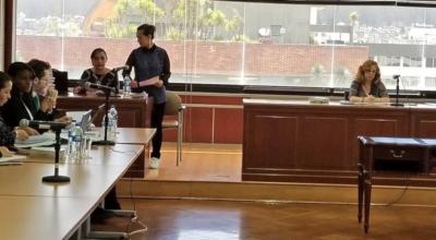 La jueza de la Corte Nacional Daniella Camacho (centro) y la fiscal Diana Salazar (tercera desde la izquierda) durante una audiencia del caso "Sobornos 2012 - 2016", realizada el 4 de septiembre de 2019.