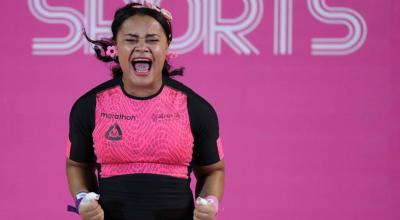 La pesista ecuatoriana, Neisi Dajomes, al conseguir oro en halterofilia durante los Juegos Panamericanos Lima 2019.