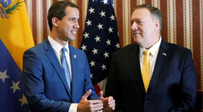 El presidente de la Asamblea de Venezuela, Juan Guaidó, junto con el secretario de Estado de EE. UU., Mike Pompeo.