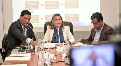 Los asambleístas Fausto Terán (izq.) y Johanna Cedeño (centro) anunciaron que analizan su permanencia en Alianza PAIS, en una rueda de prensa el 5 de febrero de 2020.
