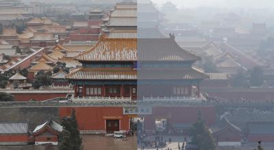 Imagen comparativa de contaminación en la Ciudad Prohibida, en Pekín. A la izquierda, imagen tomada en febrero de 2020, luego de la cuarentena determinada por el brote de coronavirus, frente a una imagen de febrero de 2018.