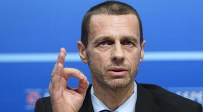 El presidente de UEFA, Aleksander Ceferin, durante una rueda de prensa en la sede de la entidad, en Suiza.