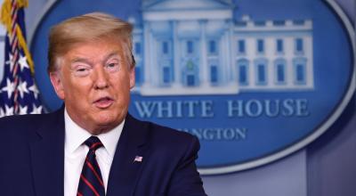 Donald Trump, durante la rueda de prensa desarrollada el lunes 6 de abril.