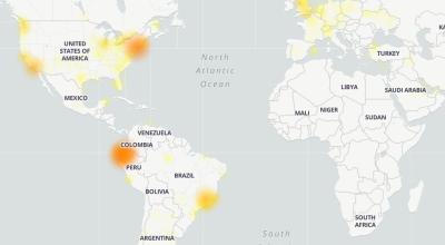 Mapa de reportes de falla en el servicio de Twitter del sitio web Downdetector.com, registrado la tarde del 10 de junio de 2020.