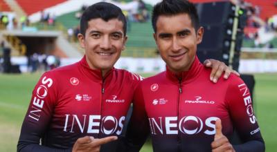 Richard Carapaz y Jhonatan Narváez en la presentación del Tour Colombia 2.1, en enero de 2020.