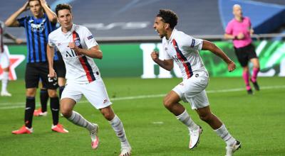 Marquinhos celebra el gol del PSG ante el Atalanta, en los cuartos de final de la Champions League, el miércoles 12 de agosto de 2020.