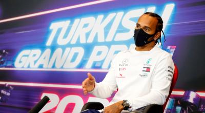 Imagen del piloto británico Lewis Hamilton en la conferencia de prensa del GP de Turquía, el jueves 12 de noviembre de 2020.