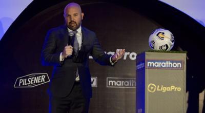 Miguel Ángel Loor, presidente de la LigaPro, durante la presentación del balón y el calendario 2021, el 2 de febrero.