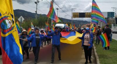 La marcha por la democracia, de apoyo a Yaku Pérez, a su llegada a Azogues, el 19 de febrero de 2021.