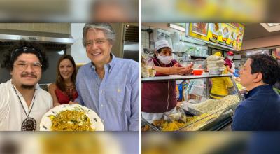 Guillermo Lasso (Creo) con el chef Beto Larco, y Andrés Arauz (correísmo) en el mercado de Iñaquito. 5 de abril de 2021.