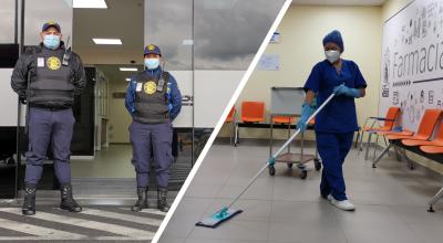 Dos guardias de seguridad y una trabajadora de la limpieza del hospital Quito Sur, el 18 de mayo de 2021,