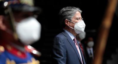 El presidente Guillermo Lasso durante su participación en el Cambio de Mando de autoridades de la Casa Militar del Palacio de Gobierno, el 31 de mayo. 