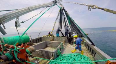 Trabajadores en una embarcación pesquera en la Costa de Ecuador, en mayo de 2021. 