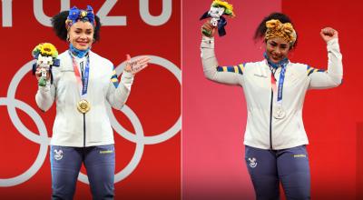 Las halteristas ecuatorianas Neisi Dajomes y Tamara Salazar con las medallas de oro y plata que lograron en los Juegos de Tokio.