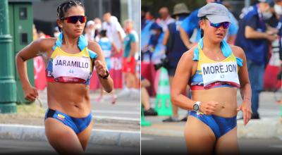 Karla Jaramillo y Glenda Morejón durante su participación en los 20 kilómetros marcha, en los Juegos Olímpicos de Tokio, el viernes 6 de agosto de 2021.