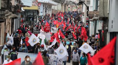 Las centrales sindicales arrancan su manifestación en Quito, el 11 de agosto de 2021.