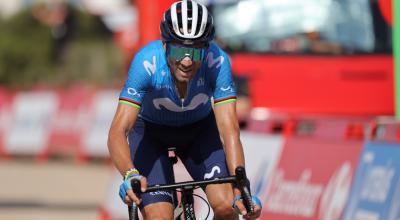 El ciclista del Movistar, Alejandro Valverde, llega a la meta tras la Etapa 6 de la Vuelta a España, el jueves 19 de agosto de 2021.