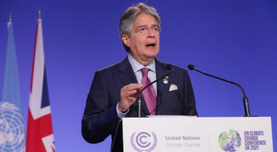 Guillermo Lasso, presidente de Ecuador, durante su discurso en la COP26, Conferencia del Cambio Climático de las Naciones Unidos, el 2 de noviembre de 2021.