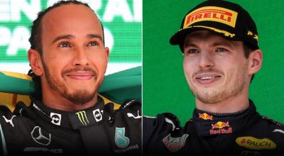 Los pilotos de Fórmula 1 Lewis Hamilton (Mercedes) y Max Verstappen (Red Bull) durante premiaciones de la temporada 2021.