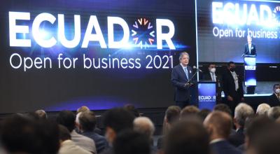 El presidente de la República, Guillermo Lasso, en la inauguración del  Ecuador Open For Business. 18 de noviembre de 2021