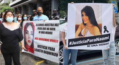 Familiares y amigos mientras realizaban plantones para exigir justicia por los femicidios de Lisbeth Baquerizo (i) y Naomi Arcentales, el 21 de diciembre de 2021.