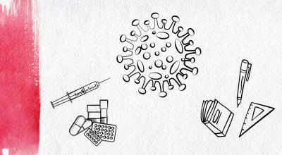 Ilustración de medicamentos, vacunas contra el Covid-19 y educación.