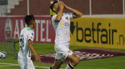 Zaid Romero festeja el gol que le convirtió a Mushuc Runa, en la victoria de Liga, el miércoles 9 de marzo de 2022, por el partido de ida de la Copa Sudamericana. 