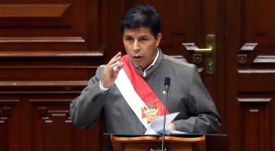 El mandatario peruano Pedro Castillo, durante su intervención en el juicio político que el planteó el Congreso, el 28 de marzo de 2022.