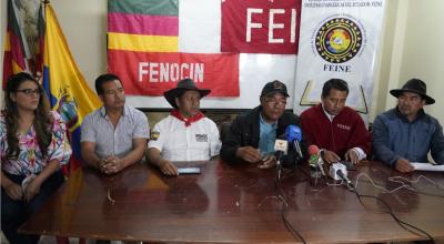 Representantes de las organizaciones indígenas FEINE, FENOCIN, FEIN, FENOC, en rueda de prensa para anunciar su apoyo a las movilizaciones del13 de junio de 2022.