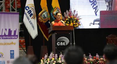 La presidenta del Consejo Nacional Electoral, Diana Atamaint, durante un un acto realizado en Morona Santiago, el 8 de julio de 2022.