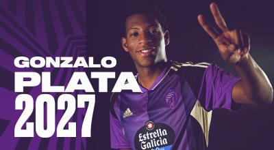 Imagen del Real Valladolid tras confirmar que el  jugador ecuatoriano, Gonzalo Plata, estará hasta 2027 con el club español.