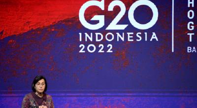 La ministra de Finanzas de Indonesia y anfitriona del evento, Sri Mulyani Indrawati, habló de Ecuador en su discurso inaugural, en Bali, el 15 de julio de 2022.