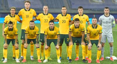 La selección de Australia, antes del partido ante Arabia Saudita, el 30 de marzo de 2022.