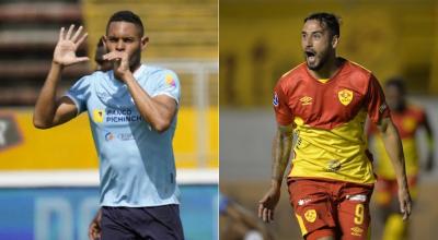 Ismael Díaz, de Católica y Francisco Fydriszewski, de Aucas, celebran goles en la LigaPro 2022.