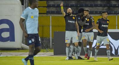 Juan Manuel Tévez de Aucas festeja el gol anotado ante Universidad Católica por la Fecha 9 de la segunda etapa de la LigaPro, el domingo 4 de septiembre de 2022.