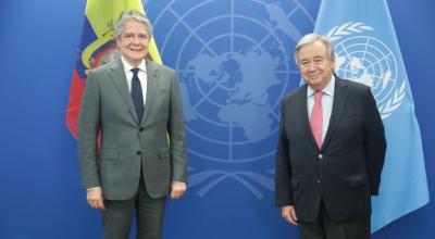 El presidente Guillermo Lasso durante su encuentro con el secretario General de la ONU, Antonio Guterres, en Nueva York, Estados Unidos, el 20 de septiembre de 2022.