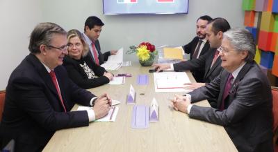 Reunión del presidente Guillermo Lasso con el canciller de México, Marcelo Ebrard, para revisar los avances de las negociaciones del acuerdo comercial, el 7 de agosto de 2022, en Colombia.