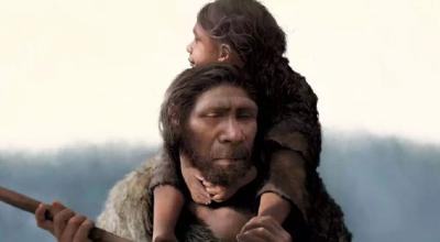 Ilustración de una familia neandertal, formada por padre e hija. 