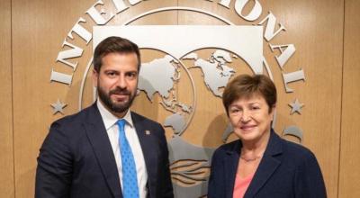 Pablo Arosemena, ministro de Economía; y Kristalina Georgieva,  directora del FMI, se reunieron en Estados Unidos, el 15 de octubre de 2022.