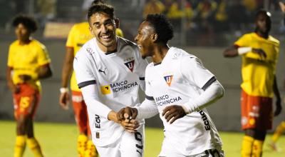 Los jugadores de Liga de Quito festejan un gol ante Aucas en Chillogallo por la Copa de Campeones, el miércoles 1 de febrero de 2023.